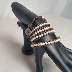 Chan Luu CL Freshwater Pearl 5 Wrap Brown Leather Bracelet Boho